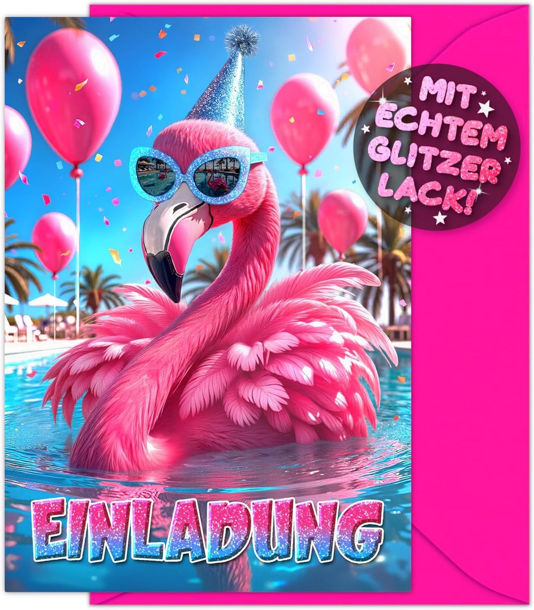 Uitnodigingskaarten kinderverjaardag - 12 x glitter flamingo - zwembadparty - vrolijke kaarten voor jongens en meisjes - ShopVlot
