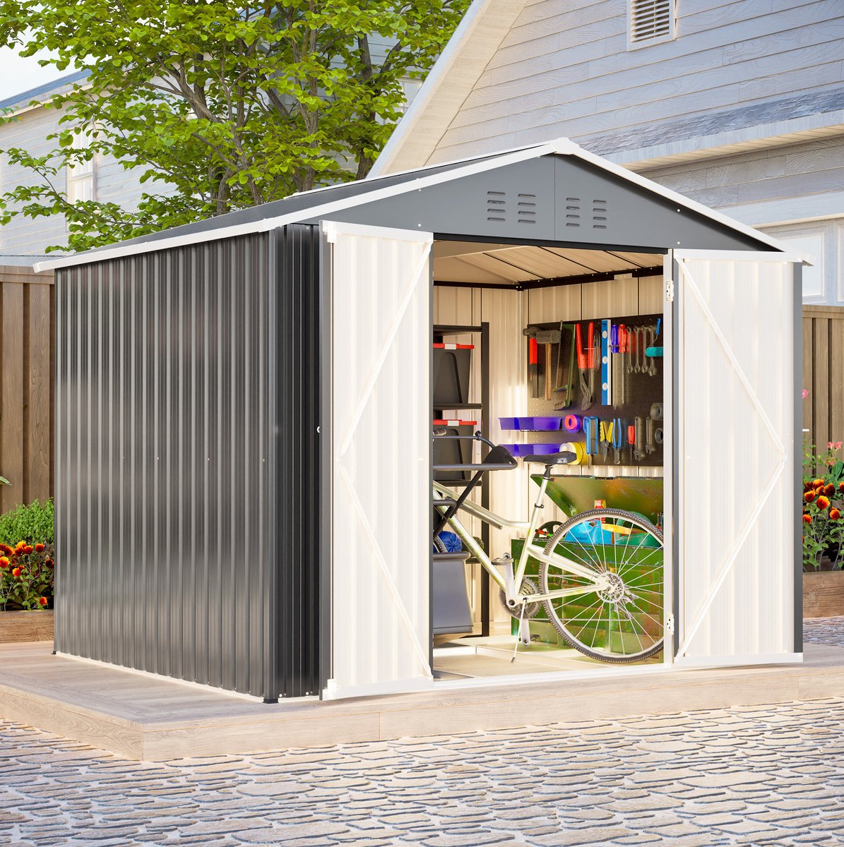 MIVRAY Gereedschapsschuur Met Klapdeur En Ventilatieopeningen 229,4 X 180 X 191 Cm Metaal Grijs Voor Tuingereedschap En Fietsen