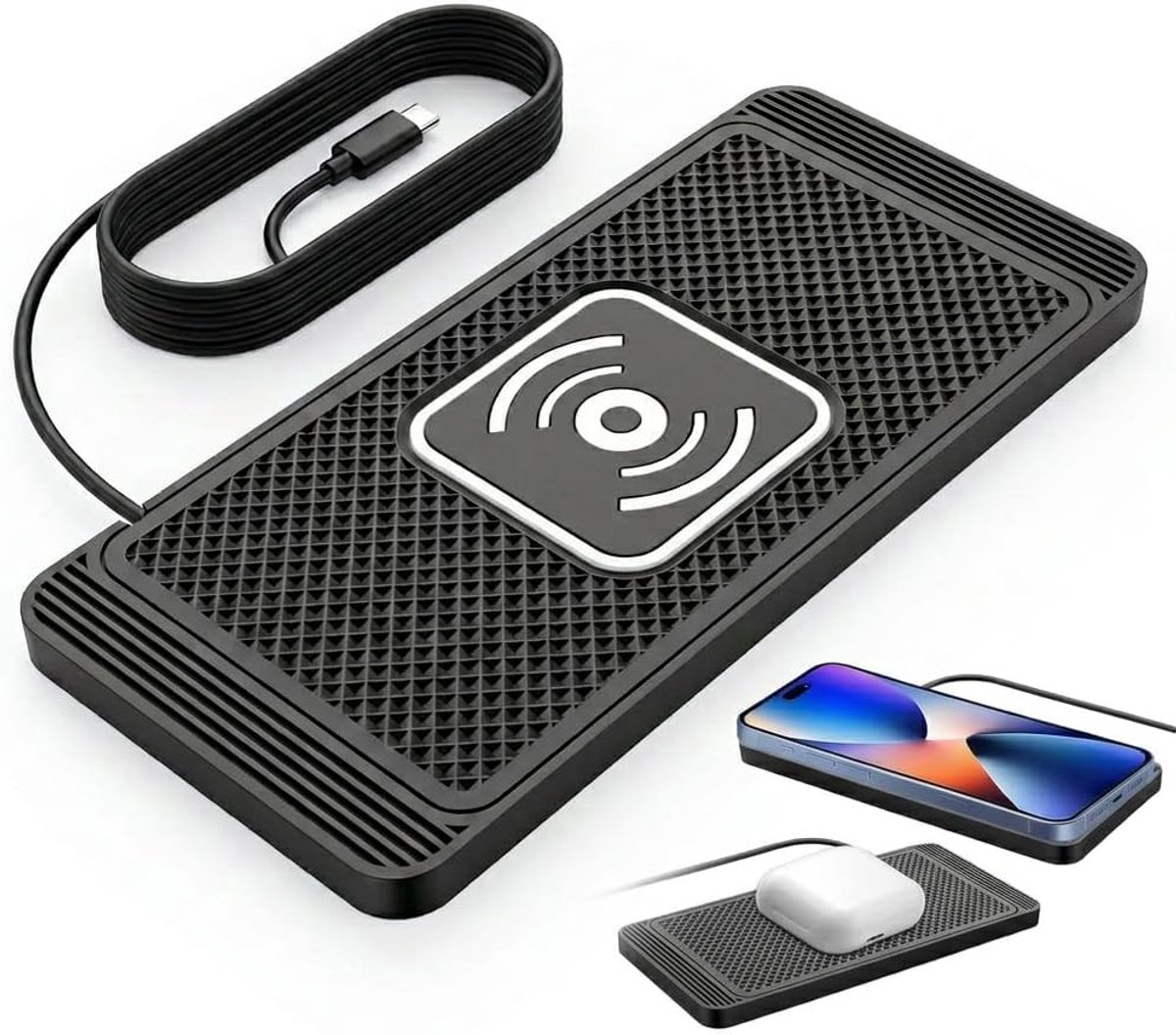 Draadloze oplaadmat voor auto 15 W - siliconen antislip - met USB-C-aansluiting - ShopVlot