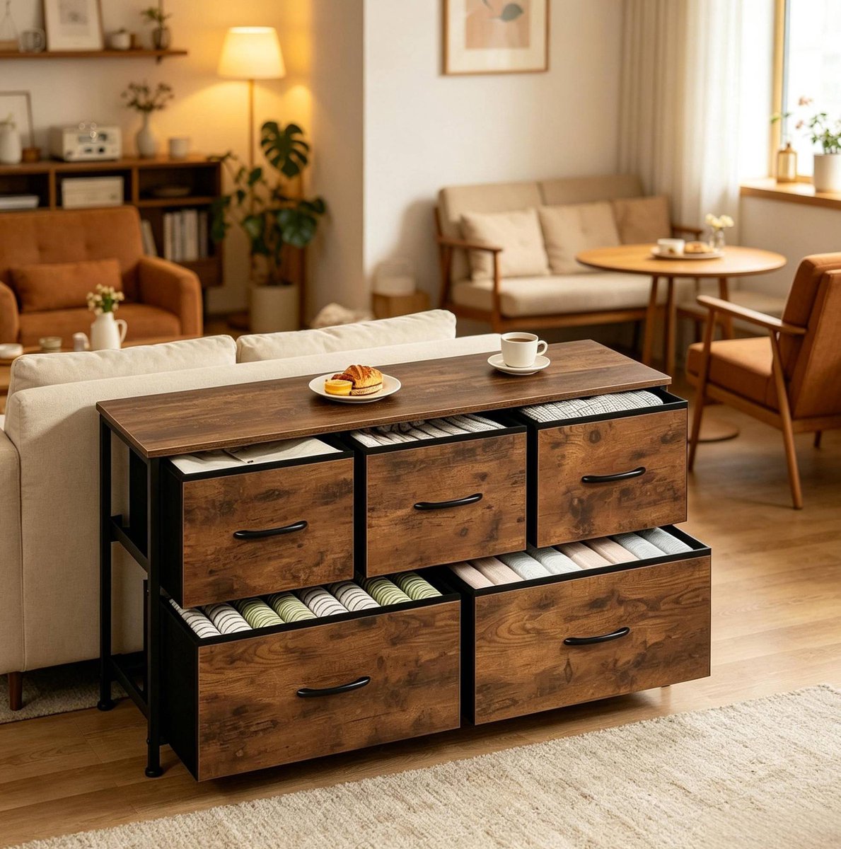 Ladekast - 5 Laden - Opbergkast Voor Woonkamer En Hal - Metaal, MDF En Stof - Vintage Bruin - 100x30x54 Cm