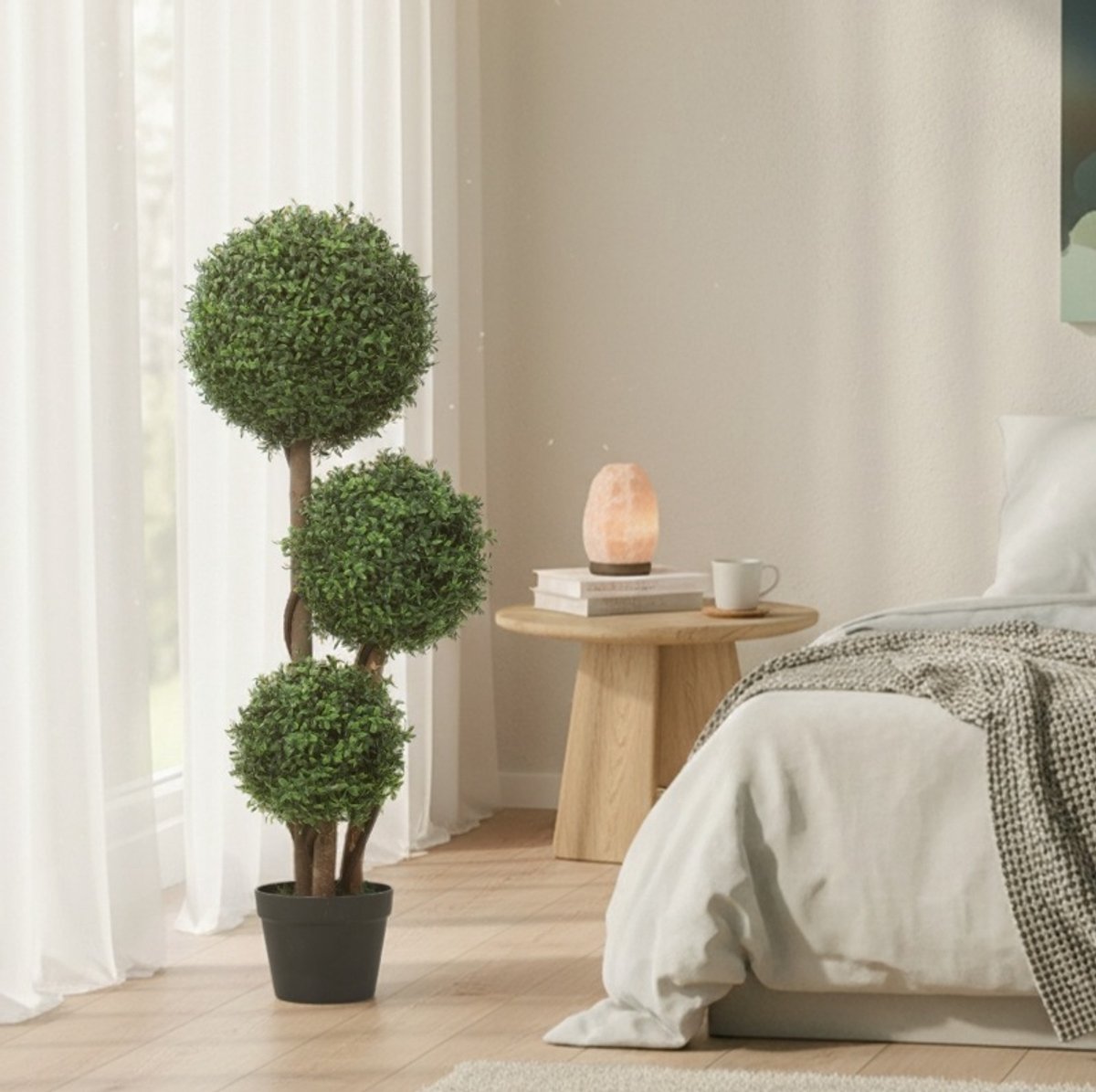 FloraGrace Kunstmatige Buxusplant Met Drie Bollen 100 Cm Kunststof Groen Met Houten Stam En Pot UV-Bestendig Voor Binnen En Buiten