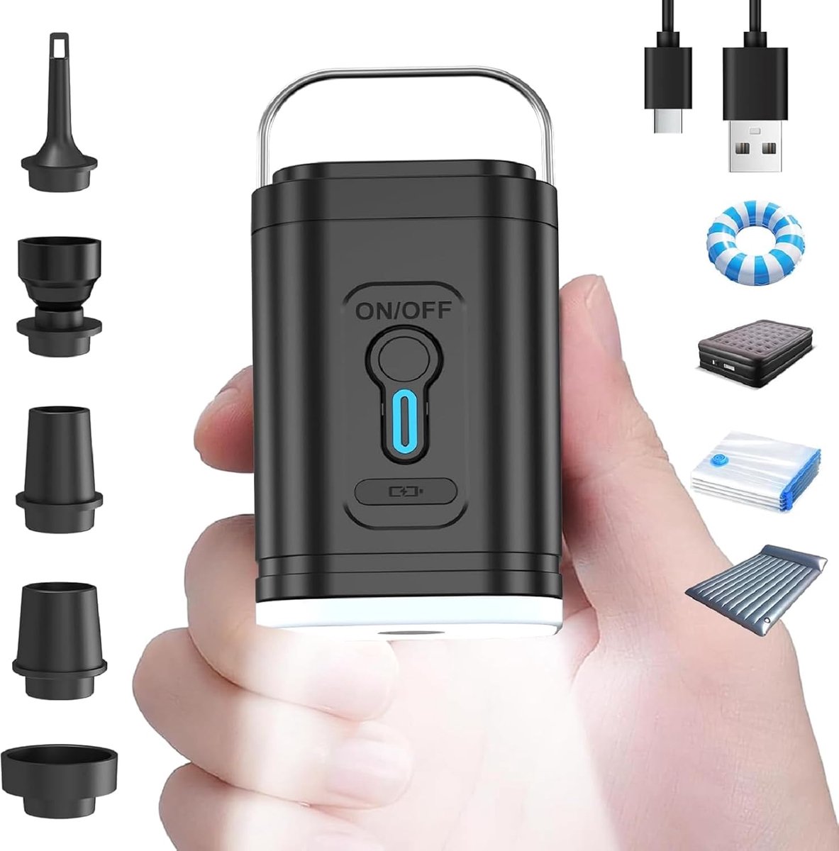 Luchtbed Pomp 3-in-1 - Camping Pomp met 2400 mAh Batterij - LED Licht - Snelle Inflatie voor Luchtbedden - ShopVlot