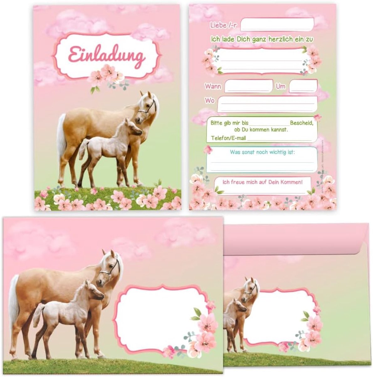 uitnodigingskaarten meisjes verjaardag - met paarden en veulens - 12 kaarten met enveloppen - eenvoudig in te vullen - ShopVlot