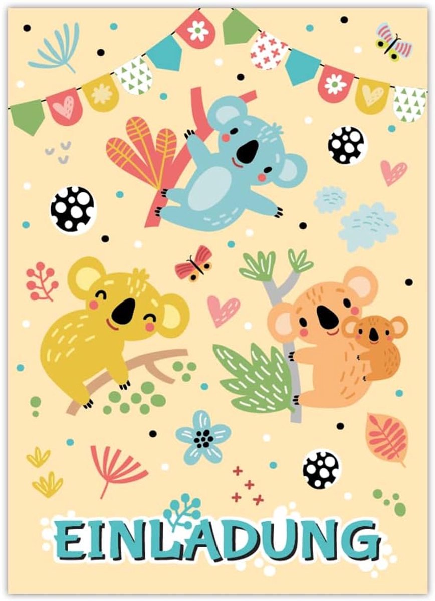 Uitnodigingskaarten kinderen 12 stuks - koala design - voor jongens en meisjes - eenvoudig te personaliseren - ShopVlot