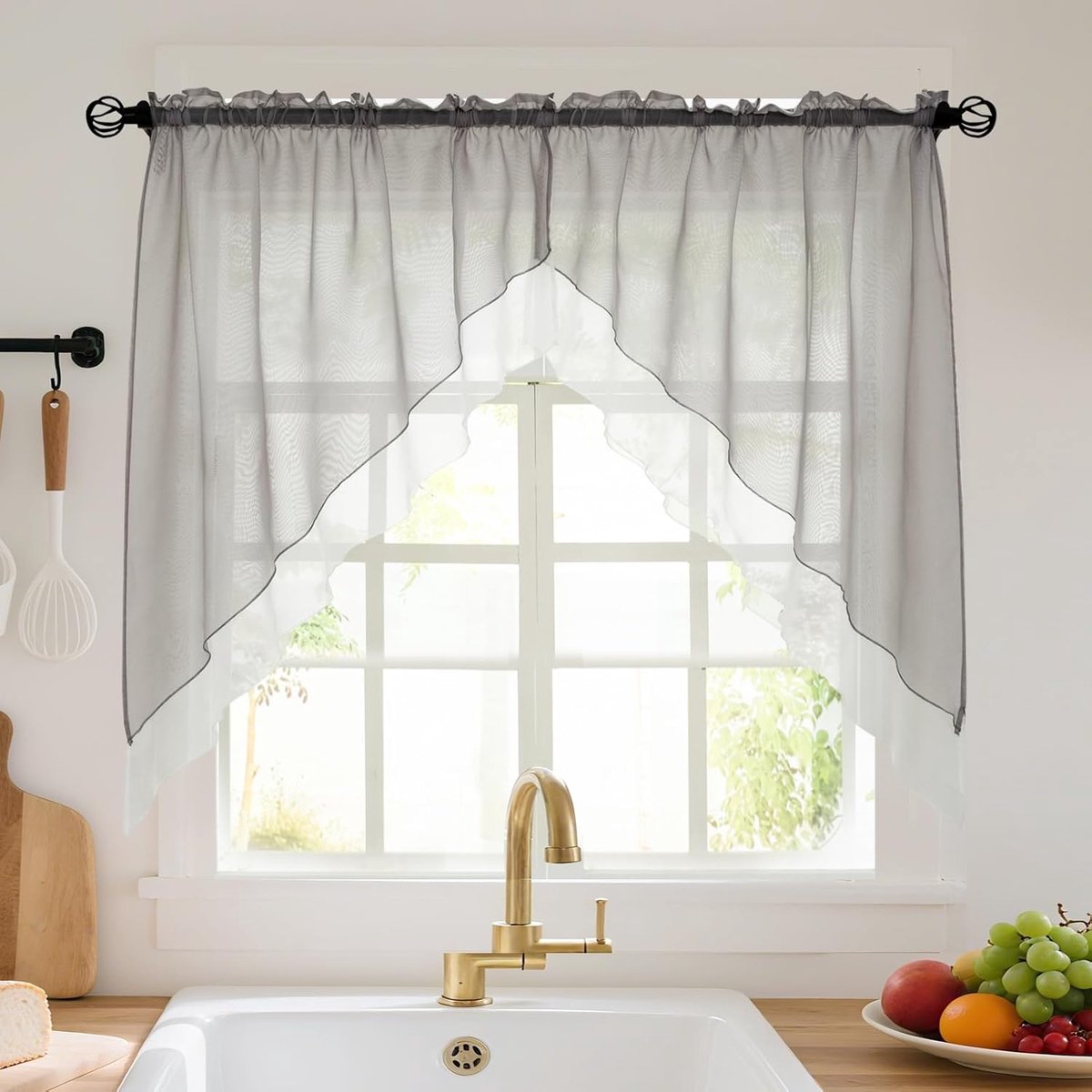Set van 2 stuks, voile voor keuken, dubbellaags design, geschikt voor balkon, café, caravan, 120 x 125 cm (h x b)