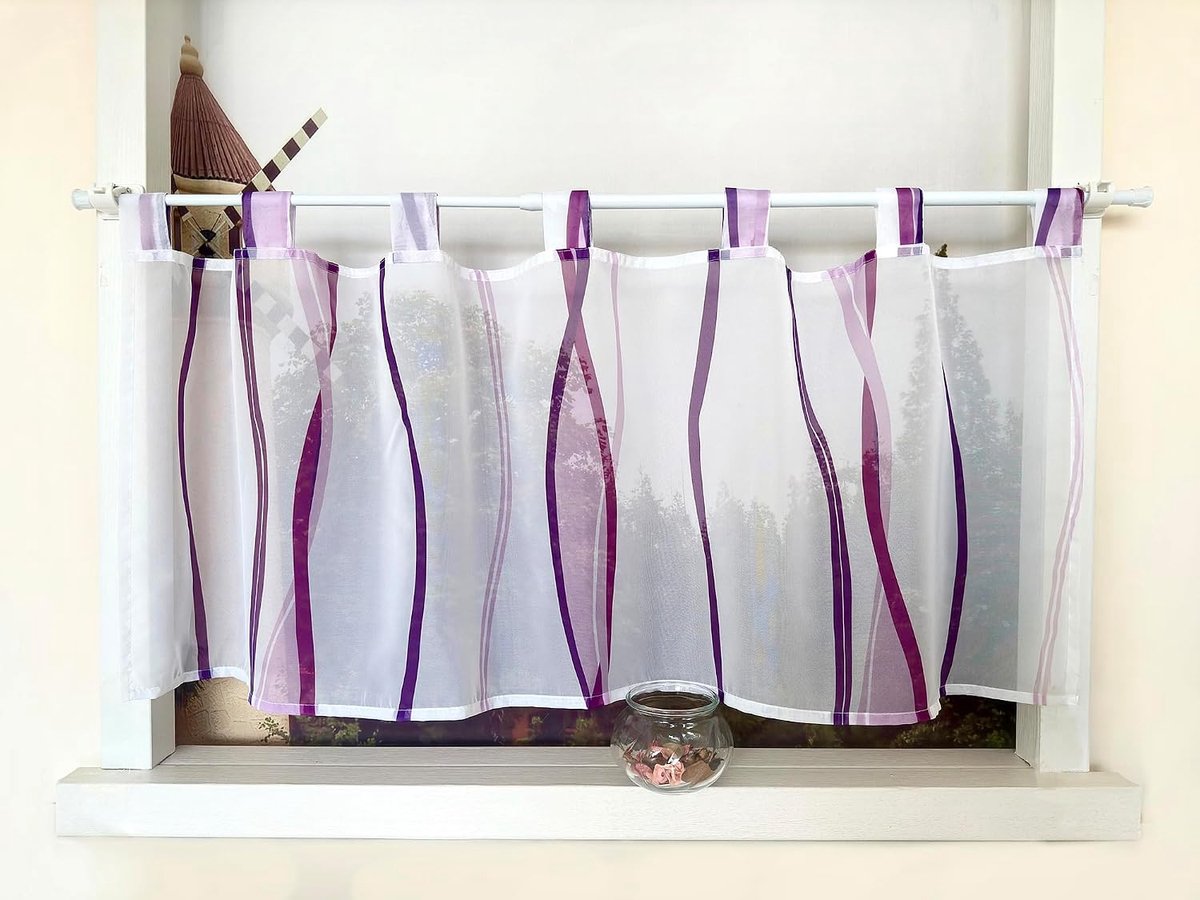 Vitrage met golfpatroon Gardine Print Korte gordijn met lussen Keukengordijn Kort Modern Voile Bistrogordijn Transparant HxB 45x90cm Violet 1 stuk
