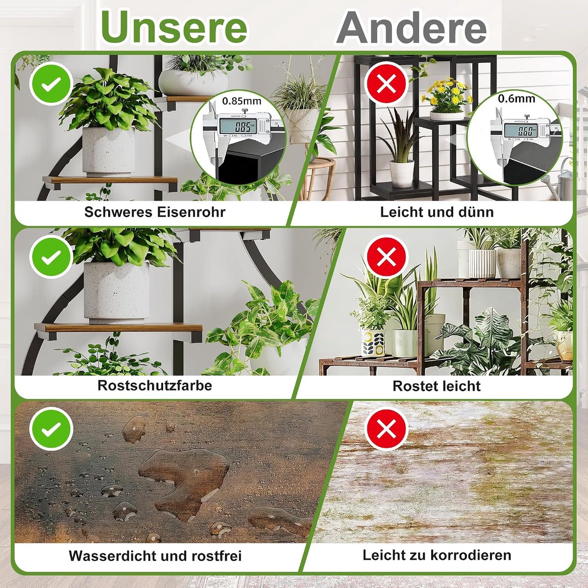 Plantenstandaard met groeilicht, bloemenstandaard met 6 verdiepingen, plantenrek van metaal en hout met opbergruimte, voor binnen en buiten, decoratieve bloementrap voor tuin, balkon, vaasvorm