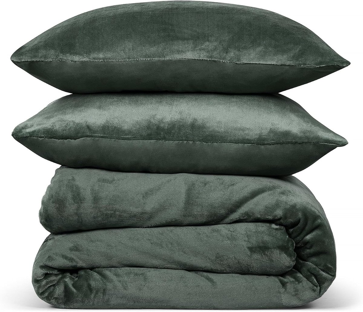 Dekbedovertrek Flanel Fleece - Lits Jumeaux 240x220 cm - Oud Groen - Zacht & Huidvriendelijk - SnelShoppen