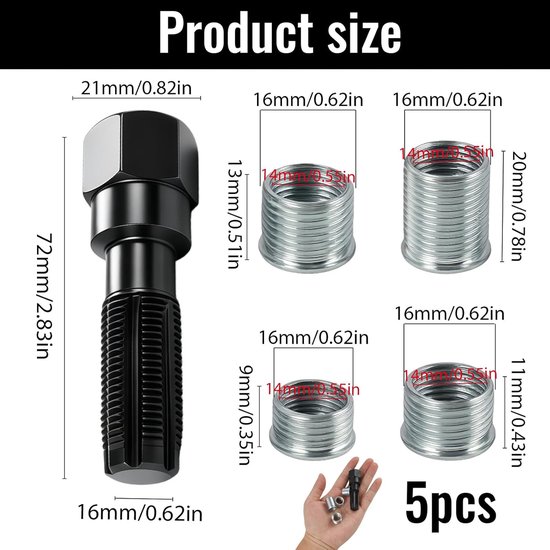 5 stuks reparatieset, bougieschroefdraad, rethreading, van chroom-vanadium-staal, schroefdraad M14 x 1,25, met 4 inzetstukken, voor het herschroeven van cilinderkoppen en auto-onderhoud — afbeelding 2