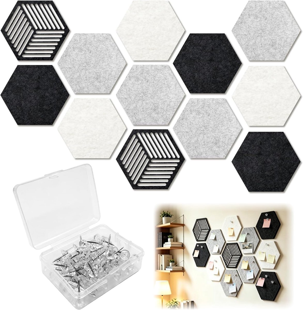 12 stuks vilten prikbord zeshoekig (zwart)