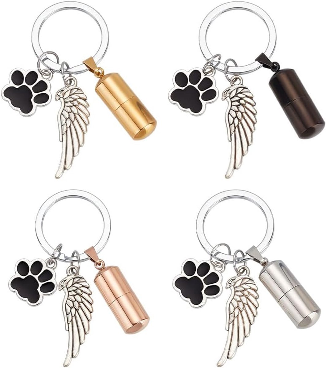 4 Stks 4 Kleuren Huisdier Crematie Sieraden Urn Sleutelhanger, Legering Emaille Hond Poot Hanger Hoek Wing Hanger Sleutelhanger Sleutelhanger Met Ijzer Split Sleutelhangers voor Huisdier