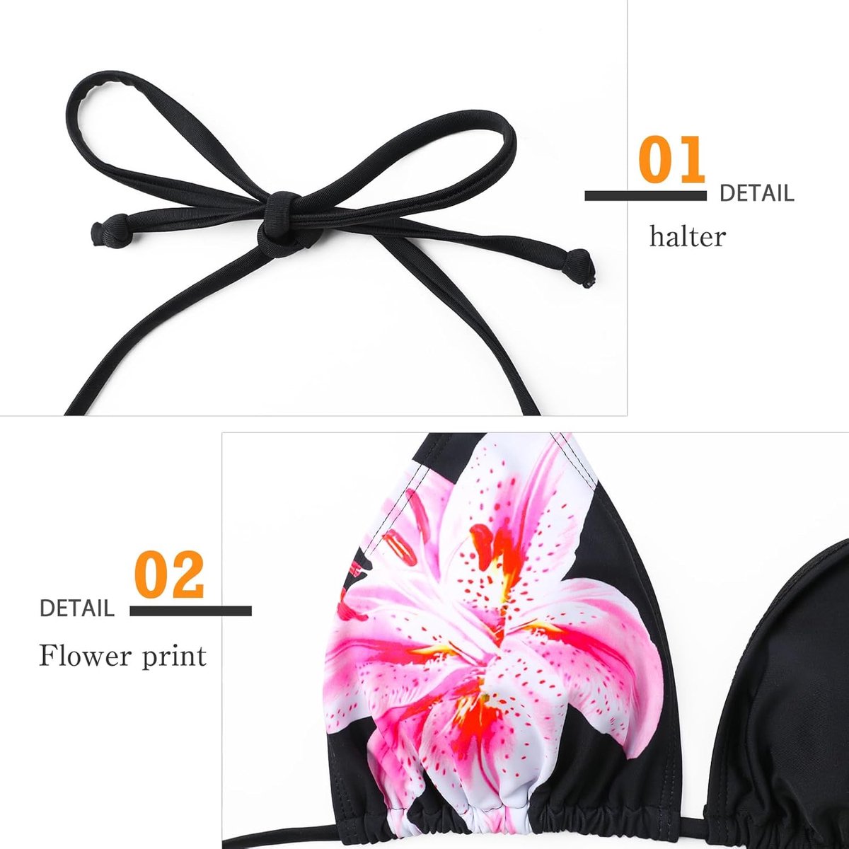 Bikiniset, driehoekige tanga, badpak, bloemenpatroon, V-hals, tweedelig