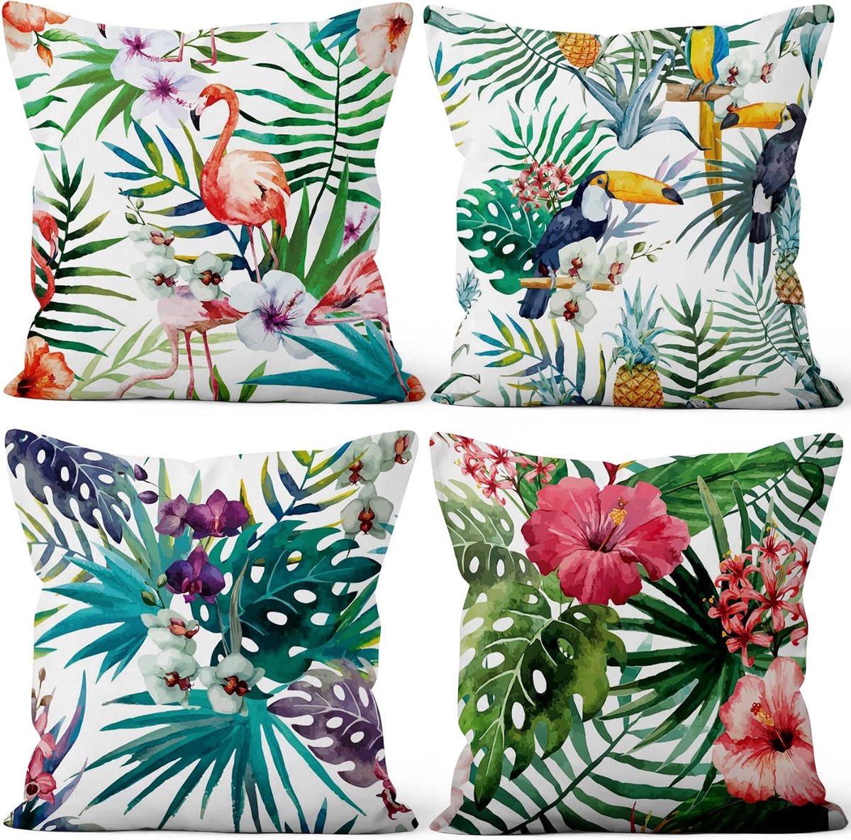 Kussenslopen Set van 4, tropische zomer kussenhoezen flamingo blad bloem patroon zachte korte pluche vierkante kussensloop voor sofa bank slaapkamer auto stoel woondecoratie 40 cm x 40 cm