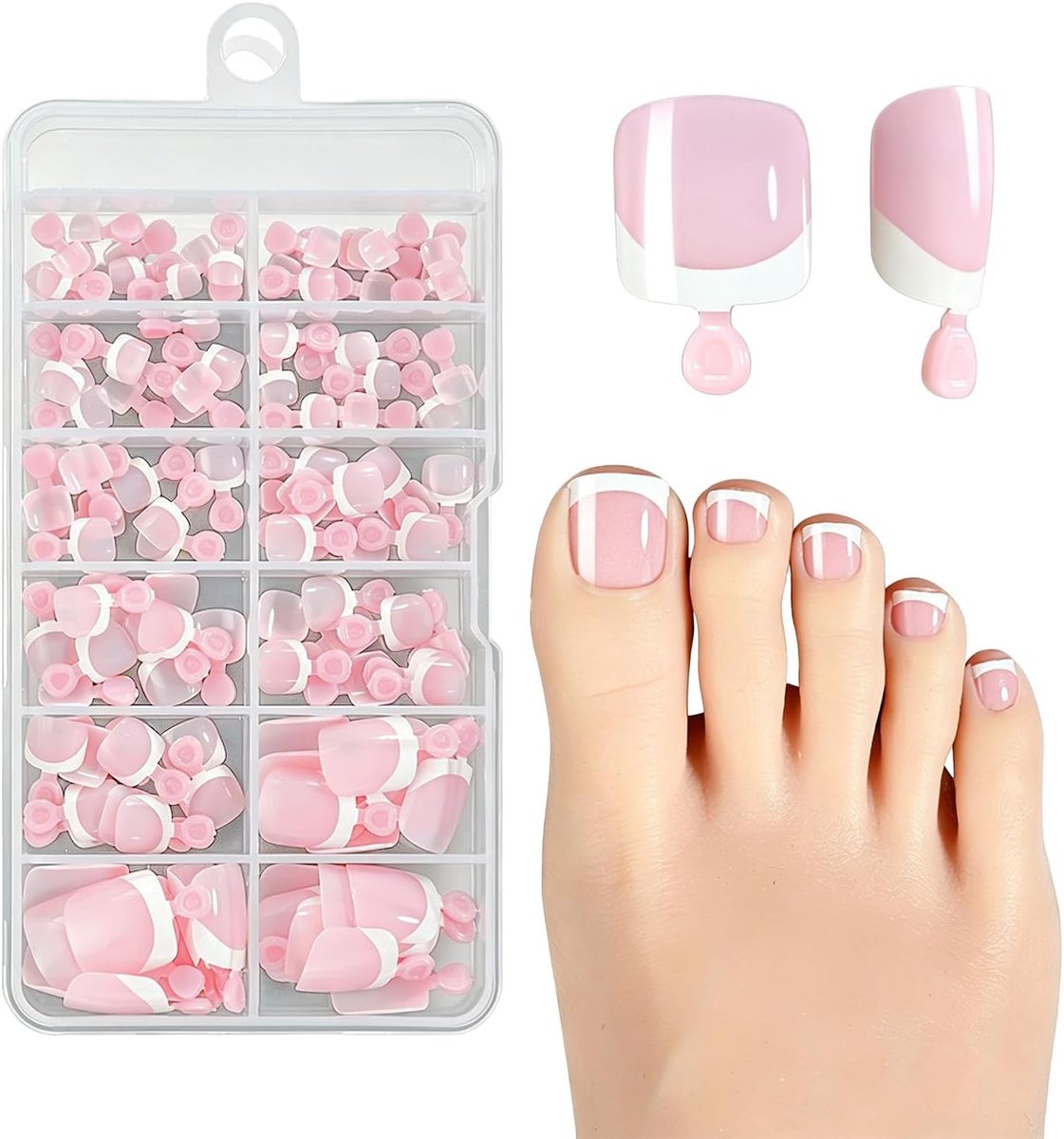 120 Stuks French Maniküre Teen nagels - 12 Maten Nude Glanzende Kunstnagels - Herbruikbare Korte Vierkante Plaknagels voor Dames (Roze)