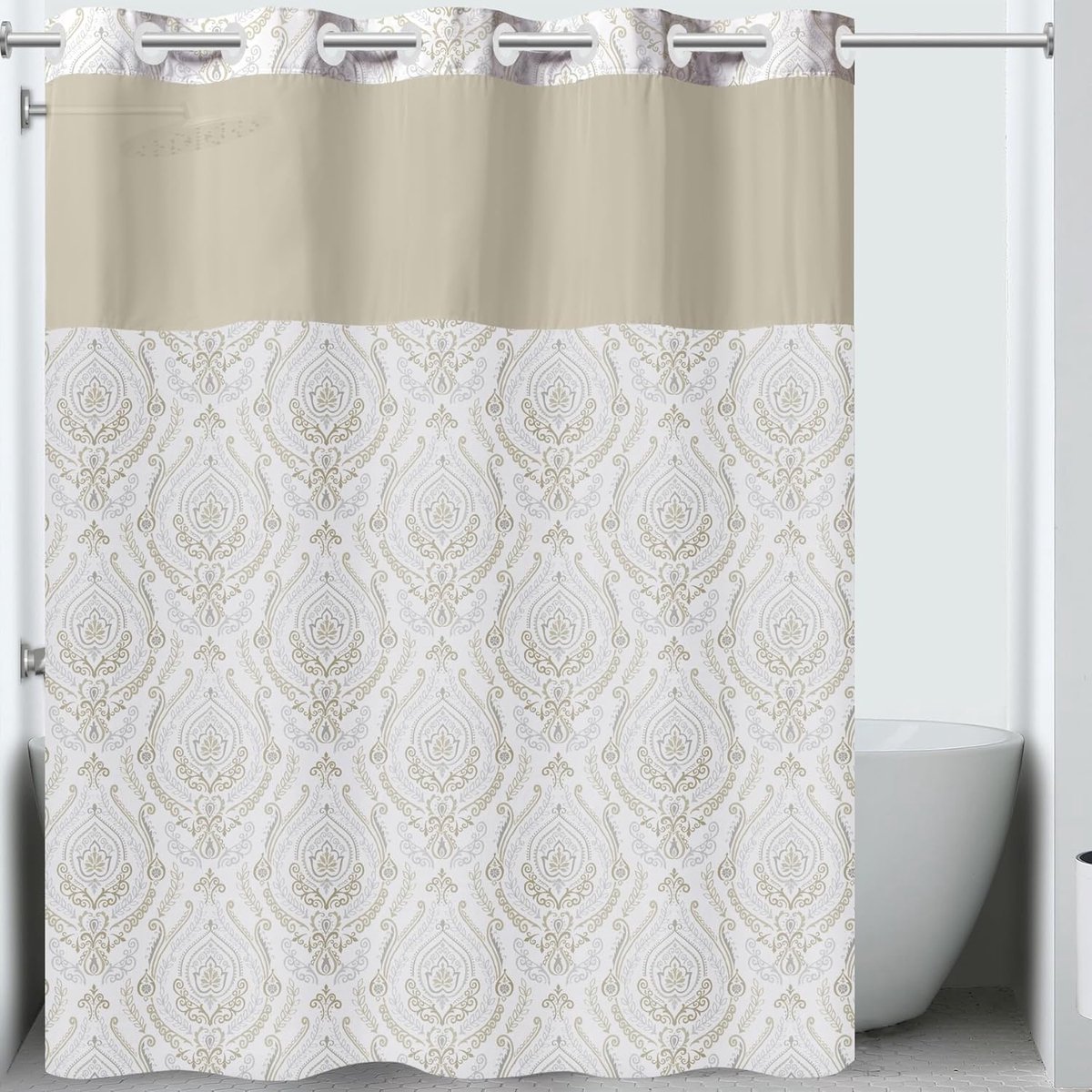 It's A Snap! Frans Damask Douche gordijn, 3-in-1 douche gordijn inclusief stofdouche gordijn met transparante bovenste opening, Flex-On ringen en stofvoering, 71" x 74", Khaki