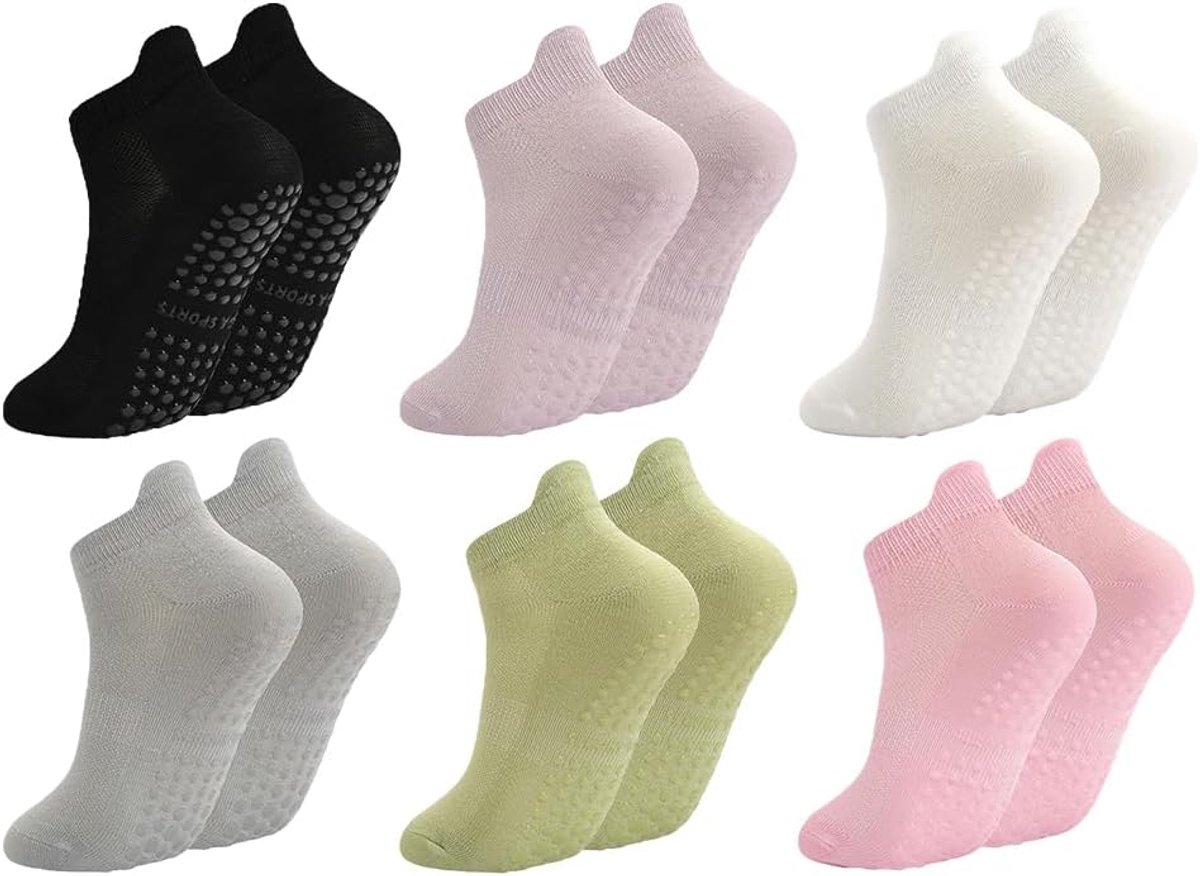 Sokken voor dames, 6 paar yoga-sokken, antislip sokken voor dames, pilatessokken met riemen, antislipsokken voor yoga, pilates, ballet, dans