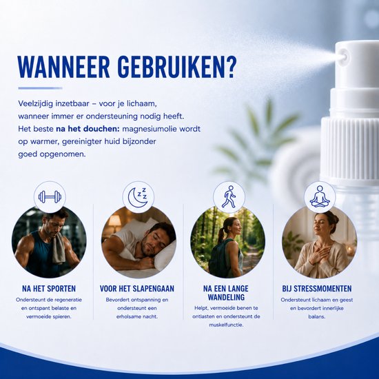 Infographic met vier illustraties die aangeven wanneer te gebruiken: na sporten, voor het slapengaan, na een lange wandeling en bij stressmomenten. Met een foto van een spuitbus.