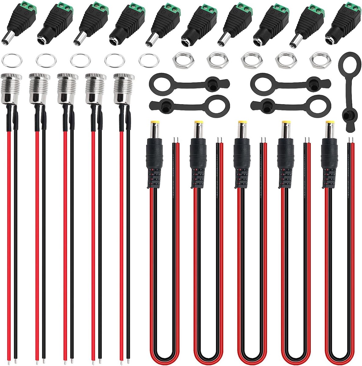 5.5 x 2.1 mm DC-Montageadapterset, 5 Stuks DC-099 DC-Voedingsstekkerbus met Kabel, 5 Stuks DC-Stekker Pigtail-Kabel, 10 Stuks 12V Mannelijke Vrouwelijke DC-Voedingsconnector
