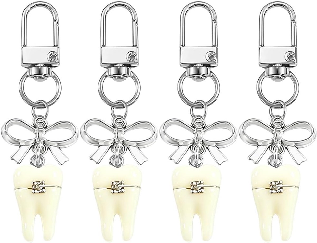 4 Stks Boog en Tand Hanger Sleutelhanger Realistische Tand Sleutelhanger Hars Tanden Sleutelhanger Tanden Sieraden Charms Voor Handtas Rugzakken Bagage Tandheelkundige Gift