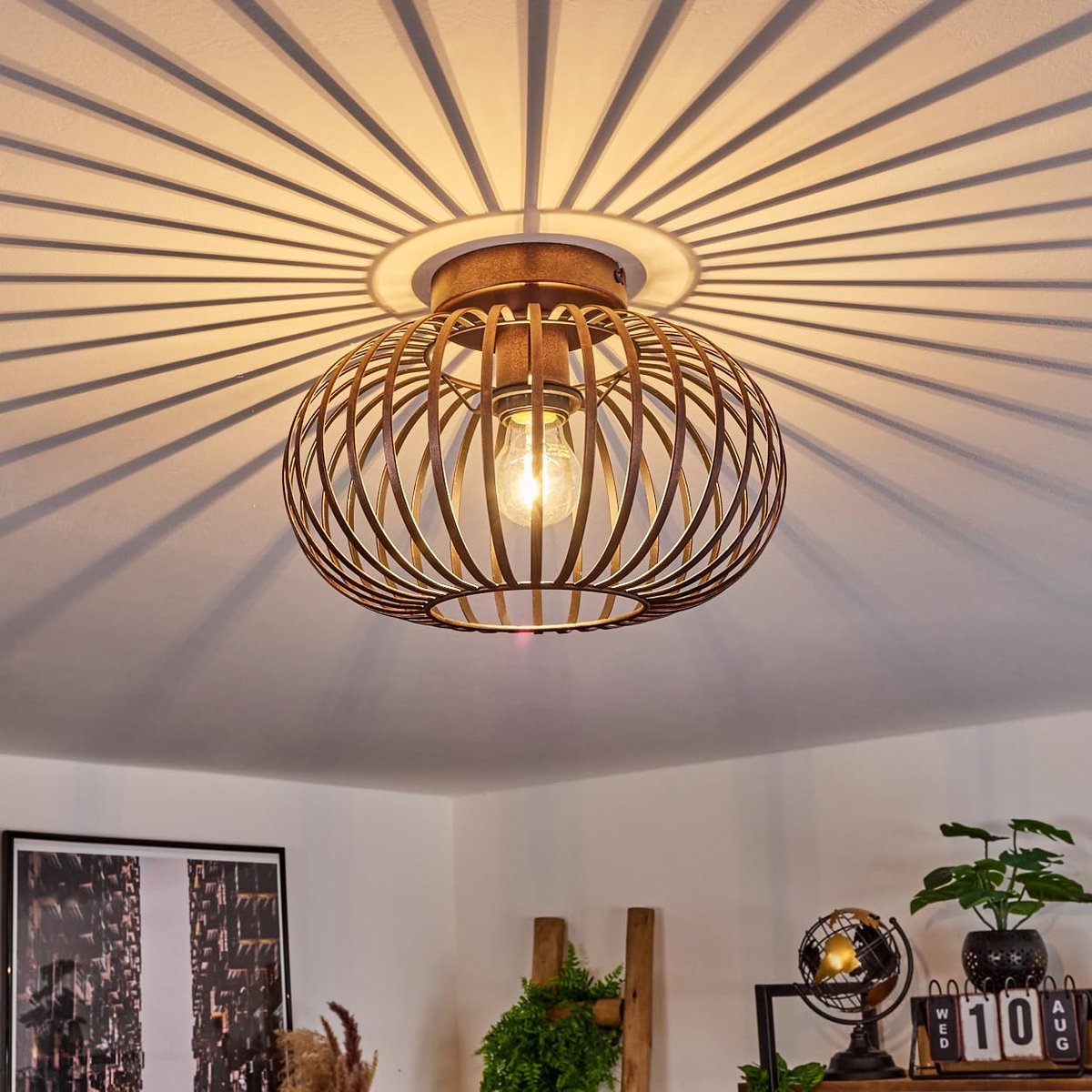 Plafondlamp, metalen plafondlamp in koper/zwart, met raster kap, Ø 30 cm, 1-lamp, E27 fitting, zonder gloeilamp, Moderne lamp met lichtspel