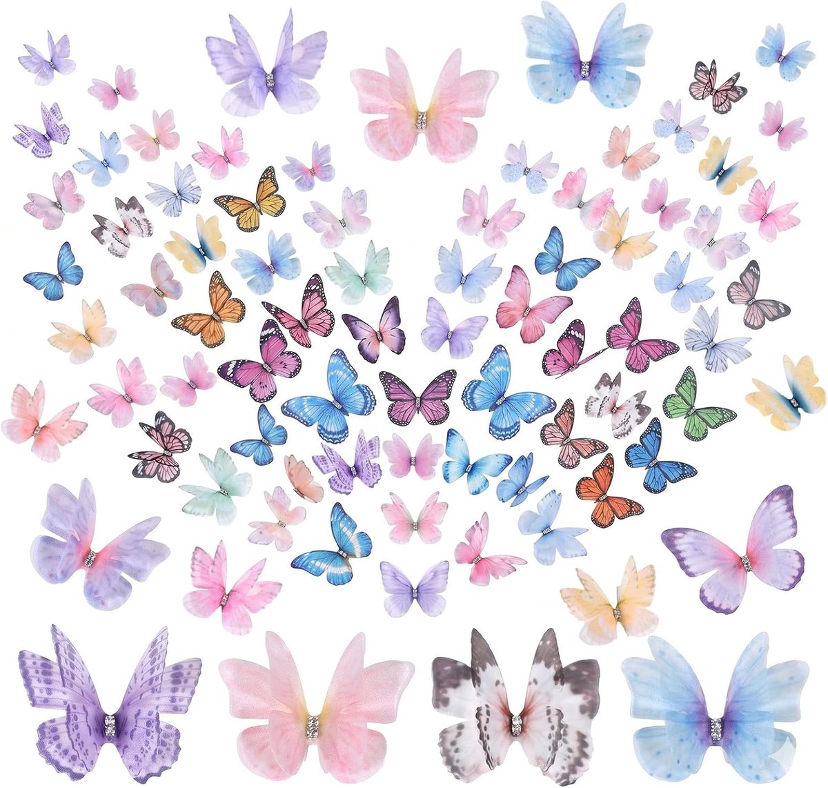 3D vlinders dubbellaags met strass, 100 stuks 20 kleuren gesorteerd, organza vlinder decoratie voor wandtattoos knutselen, vlinderapplicaties voor haarspelden taartdecoratie 5 cm