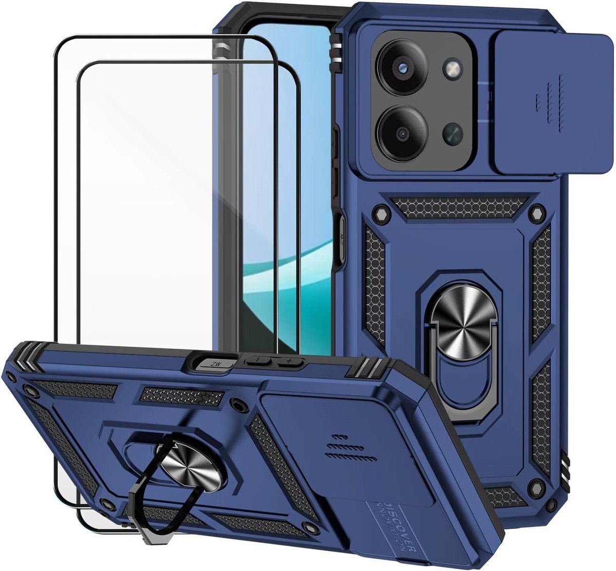 Hoes voor Xiaomi Redmi 15C en 2 stuks pantserglas beschermfolie, bescherming en cameraschuiver, 360° draaibare militaire standaard, stootvast, robuust, blauw