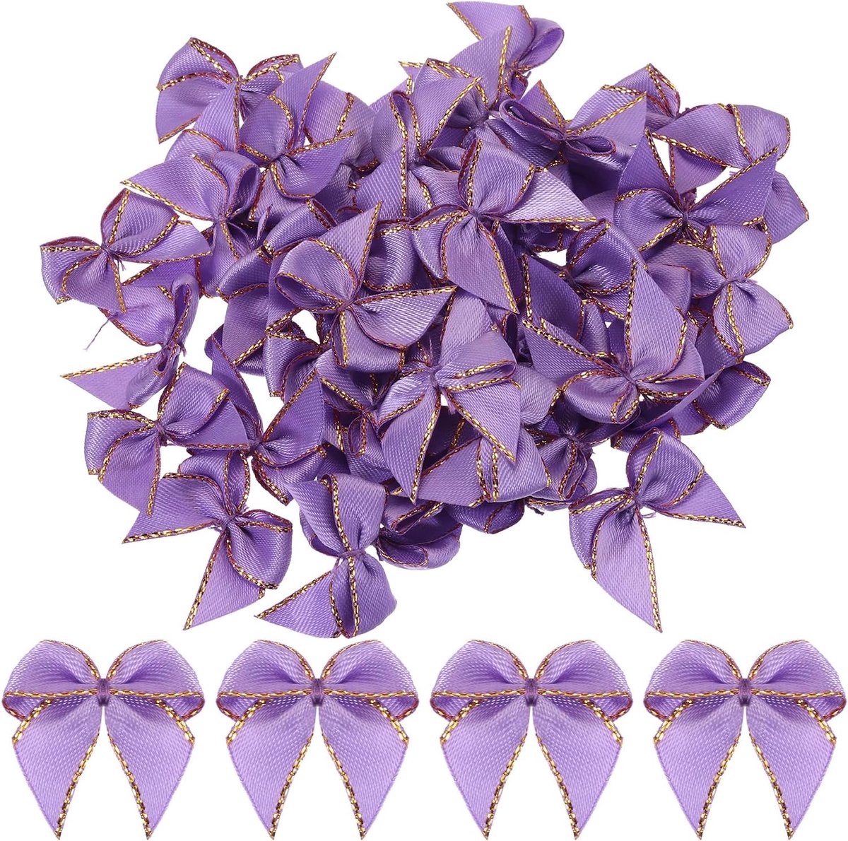 50 stuks Mini Metallic Edge Lint Strik 2,5 cm Satijn Lint Bloem Strikken Zacht voor Craft DIY Haar Strik Naaien Bruiloft Verjaardag Party Gouden Rand Paars