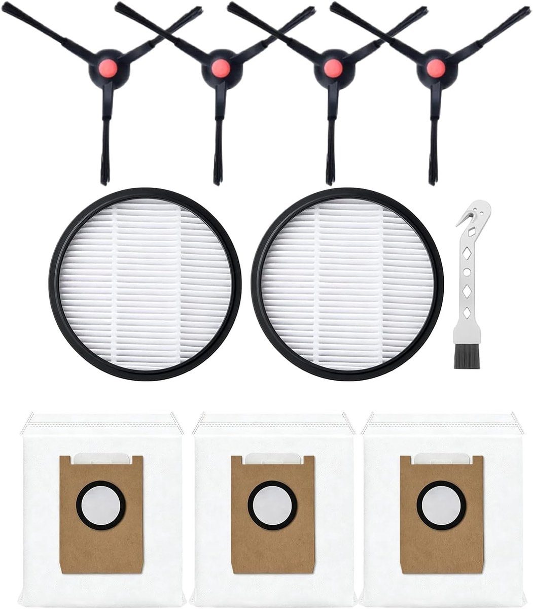 10 stuks vervangende onderdelen kit voor eufy 3-in-1 E20 robotstofzuiger, 2 paar zijborstels, 2 filters, 4 stofzakken met reinigingsgereedschap