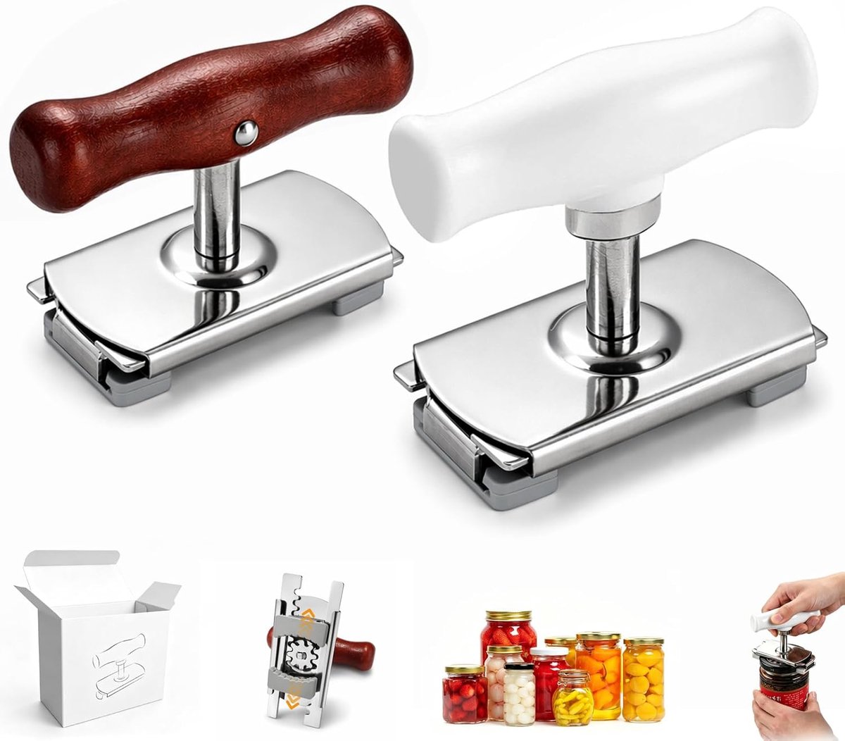 Set van 2 handmatige roestvrijstalen glasopener, ergonomische schroefglasopener met hout/kunststof handgreep en antislip rubberen bekken, verstelbare dekselopener voor glazen, energiebesparend