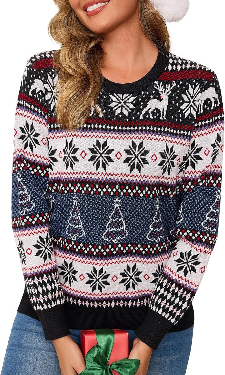 Kersttrui voor dames, wintertrui, rendier, gebreide wintertrui met ronde hals, sneeuwvlok, zachte winter kersttop
