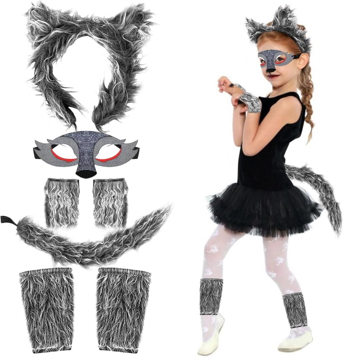Kostuum voor kinderen, weerwolven oren en staart, dierkostuum voor kinderen met poten, wolfkostuum, Halloween-kostuum voor meisjes en jongens, carnaval, dieren, cosplay, verjaardag, party