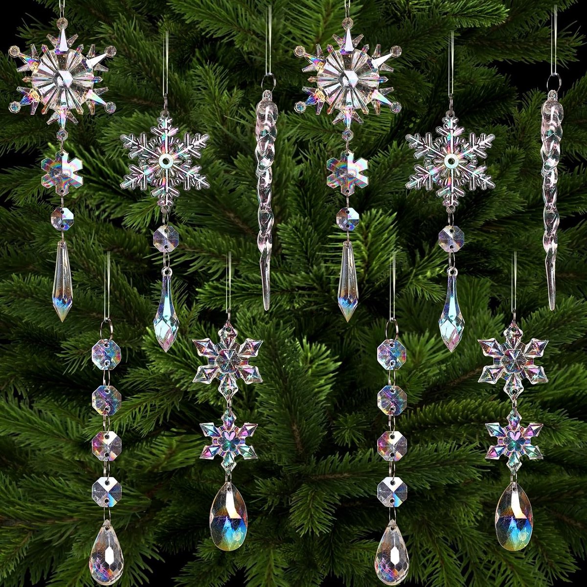 10 stuks kristallen kerstversieringen, sneeuwvlok ijspegel acryl kerstboomdecoraties met hangende ringen, geschikt voor Kerstmis, Nieuwjaar, winter, wonderland feesten (iriserend)