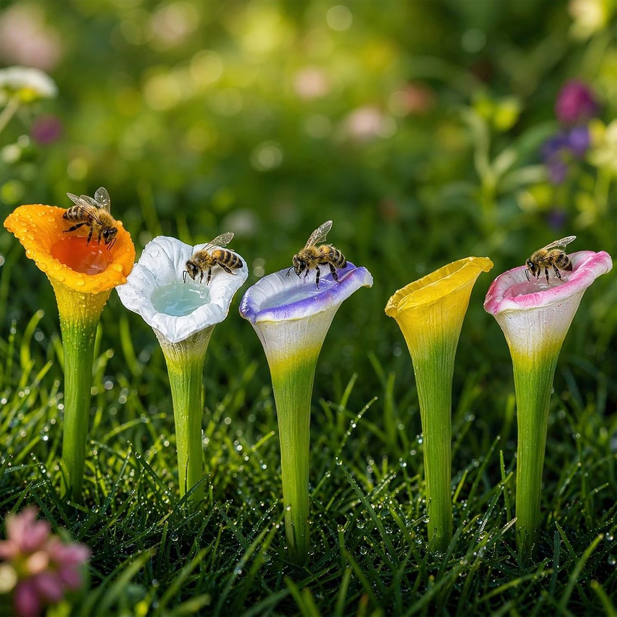 5 stuks, bloemenvormig, gemengde kleuren, insectenbak voor wilde bijen en bijen, vlinders en bestuivers, bijendrinkbeker als waterdispenser voor tuin, gazon, balkon en terras