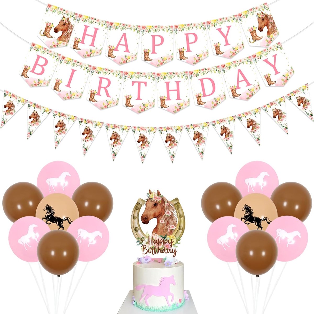 Paarden Verjaardagsdecoratie voor meisjes, paard, gelukkige verjaardag, banier, roze bloemen verjaardagsbanner, paard, taartdecoratie voor paardenraces, verjaardagsfeestje