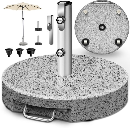 Granieten parasolvoet met zilveren paal en diverse adapters. Compleet met accessoires.