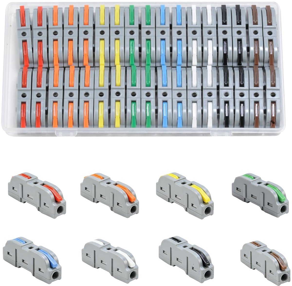 34 stuks kabelverbinders, kabelverbindingsklemmen, 18-22AWG aansluitklemmen met bedieningshendel, draadconnectoren voor elektrische installatie, elektrische aansluitblokken (meerkleurig)