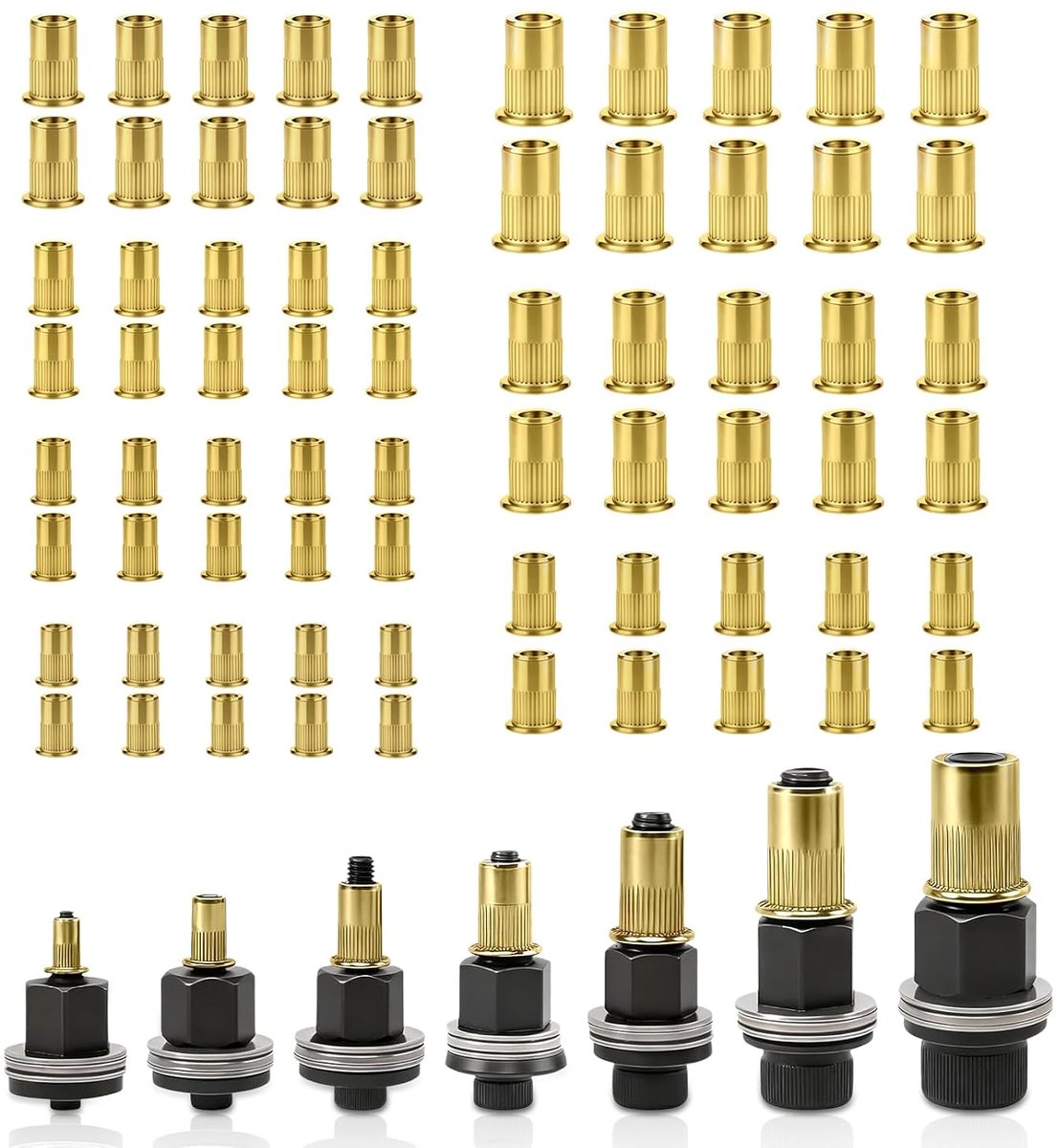 7 maten M3, M4, M5, M6, M8, M10, M12, klinkmoeren, montagegereedschap met 70 moeren, schroefdraadklinknagels