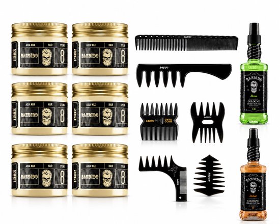 Six pots de cire Bandido Aqua Wax avec '8' et logo tête de mort. Deux bouteilles de Cologne Bandido verte et orange.