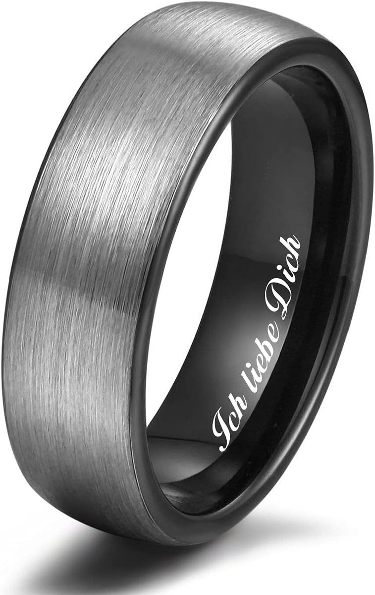 Ring voor dames en heren, wolfraam verlovingsring, trouwring, partnerringen, geborsteld, 6 mm, 8 mm, zwart, blauw, met gravure "Ich liebe Dich"