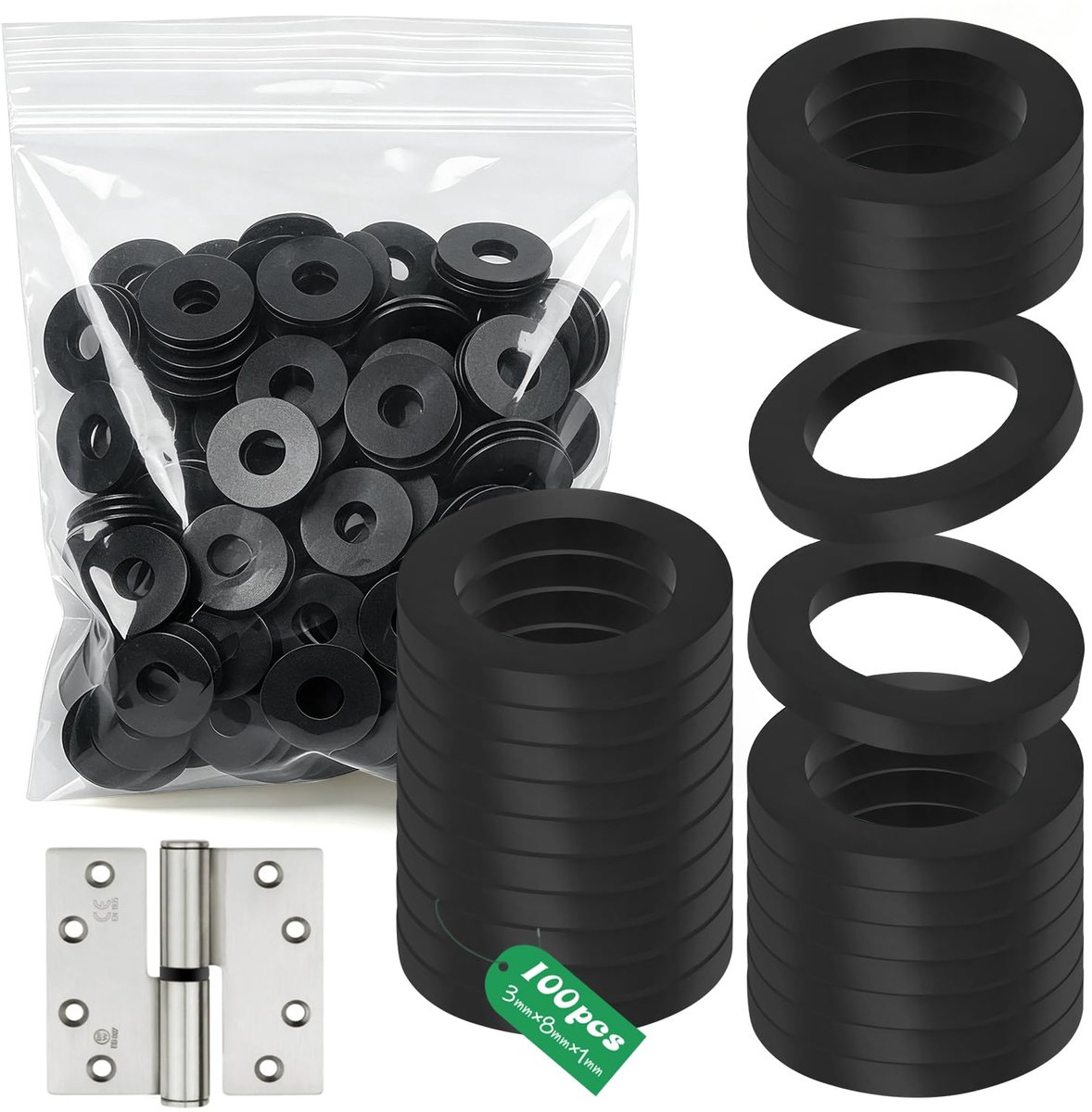 kunststof, kamerdeuren, 100 stuks, zwart, sluitringen, deurscharnier (8 x 3 x 1 mm, 100 stuks)
