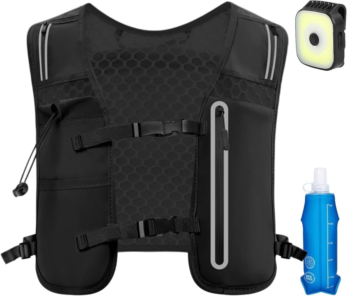Hardloopvest voor dames en heren, hardloopvest met drinkfles 550 ml en ledlicht, drinkrugzak, looprugzak, tas voor mobiele telefoon, reflecterend, licht en verstelbaar voor joggen, trailrunning