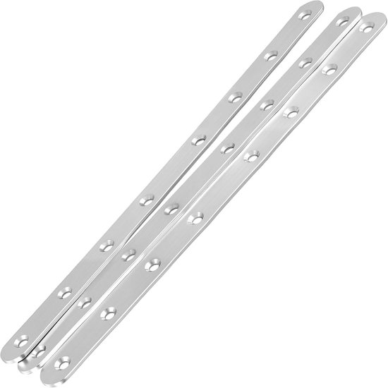16 stuks platte connectoren van roestvrij staal, 293 x 19 mm zilveren geperforeerde platen met 128 stuks M4-schroeven, 5 mm gatdiameter houten connector metaal voor meubels, houten — afbeelding 3