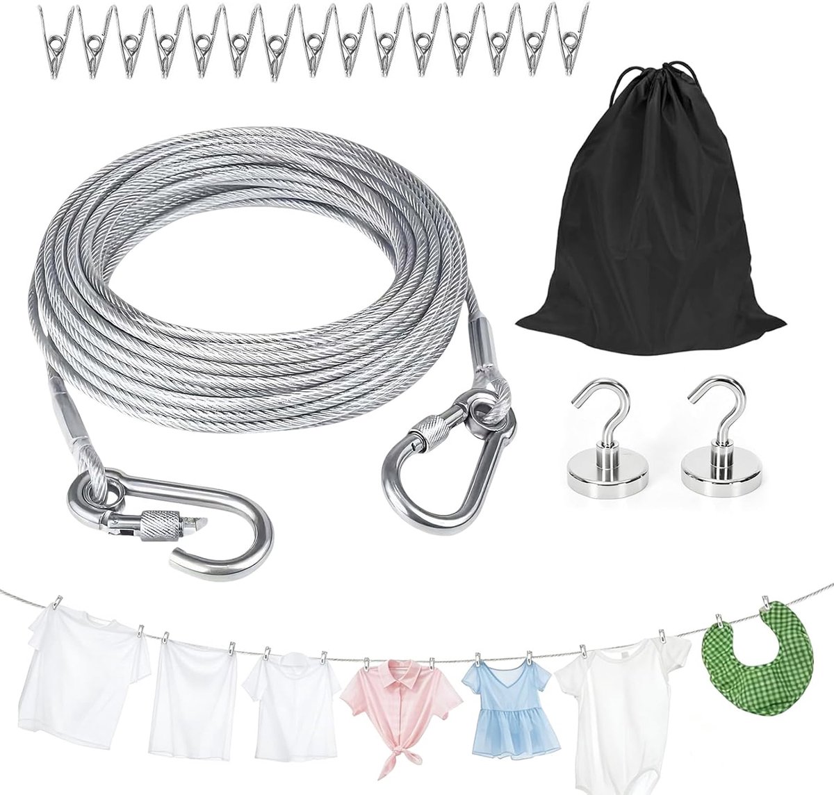 waslijn, 5 m, roestvrij stalen kabel, 2,0 mm, draagbare reiswaslijn met 15 metalen klemmen, 2 magnetische haken en zakken, outdoor waslijn voor camper, balkon, tuin