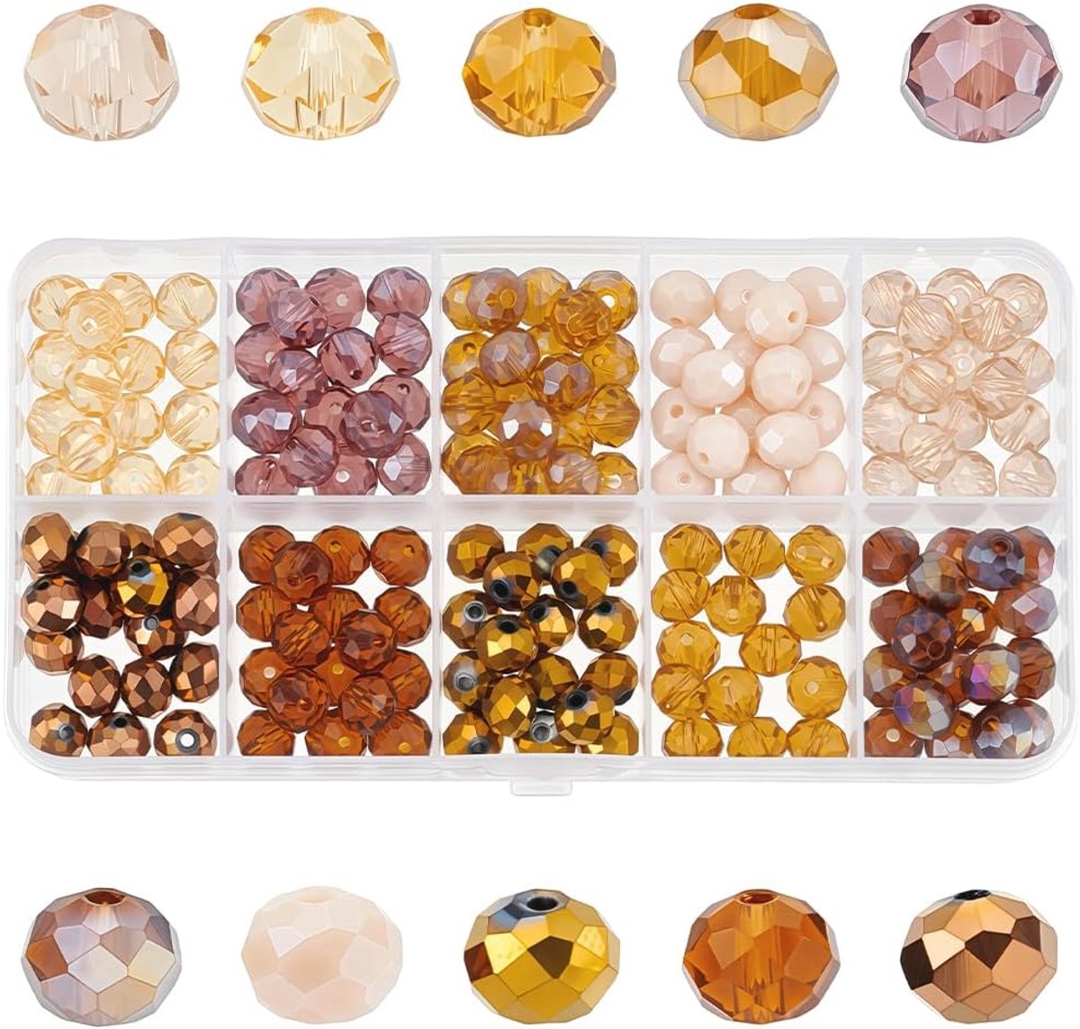 1 Doos 200 stks 10 Stijlen 8mm Facet Glas Kralen Rondelle Clear Ondoorzichtige Galvaniseren Ronde Veelzijdige Losse Spacer Bead Charm Bulk voor Sieraden Maken Kettingen Armbanden Diy Craft