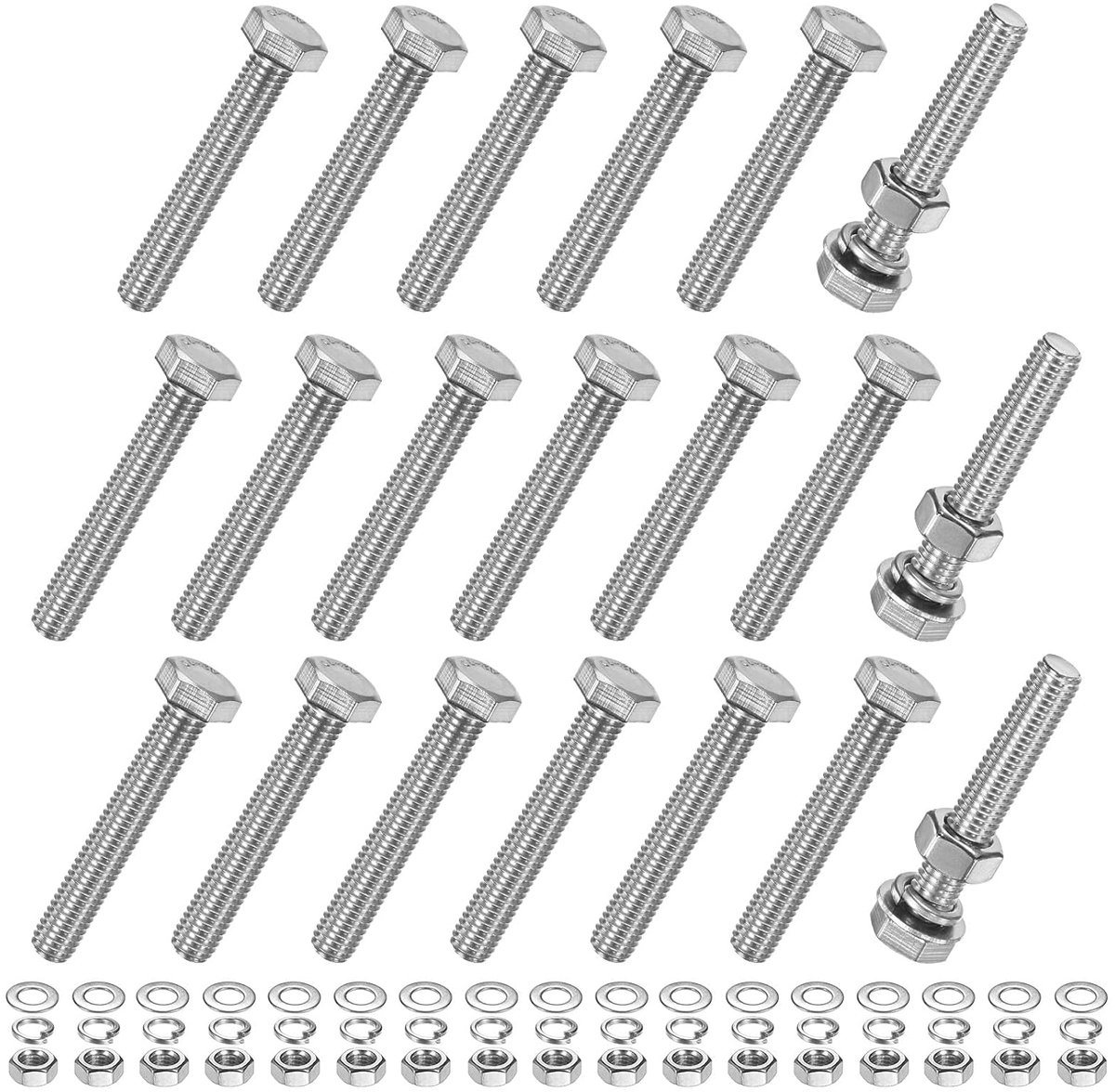 20 stuks zeskantschroeven met moeren met platte sluitringen en borgringen, M8 x 50 mm kit schroeven en moeren van roestvrij staal, volledige schroefdraad, metrisch assortiment