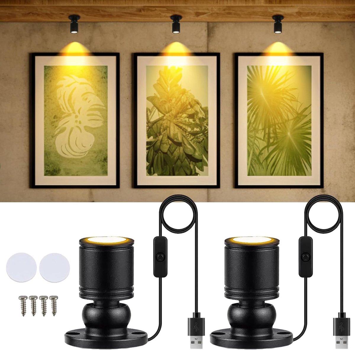 2 Stück,Mini led Licht,360°Schwenkbar,Warmweiß 3000K | led Spots Aluminium Lampenkörpe USB mini Strahler Kleines 5V 1W ed Scheinwerfer Spotlight Bilderlichter für Schmuck