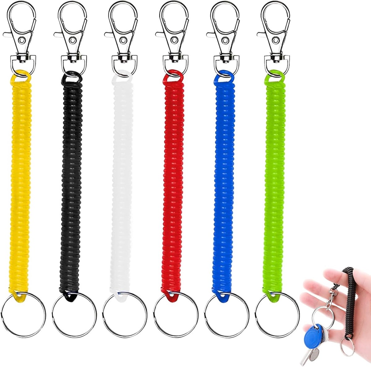 rekbare spiraalvormige sleutelhanger, 6 kleurrijke plastic sleutelhangers, 17,8 cm veren, anti-verloren veerspoel, intrekbare sleutelhanger voor werk en school
