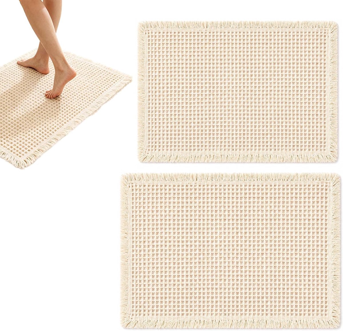 2-delig, wasbare badmat met antislip onderkant, zachte en absorberende boho-badmat voor badkamer, woonkamer, keuken, 46 x 77 cm + 43 x 61 cm (beige)