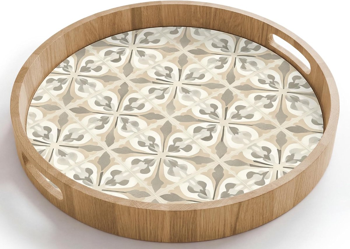 Rond 40x40 cm Houten Dienblad Met Handgrepen Eikenhout Krasbestendig Hittebestendig Wooden Serving Tray Koffie Eten Tegel - Motief - Beige