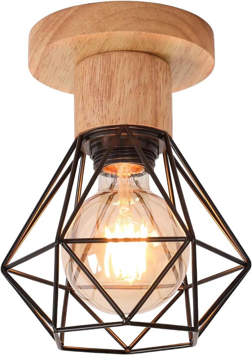 Industriële plafondlamp E27 kroonluchter, vintage hanglamp, metaal, retro kooivorm, plafondverlichting voor woonkamer, keuken, slaapkamer, restaurant, café, bar, zwart